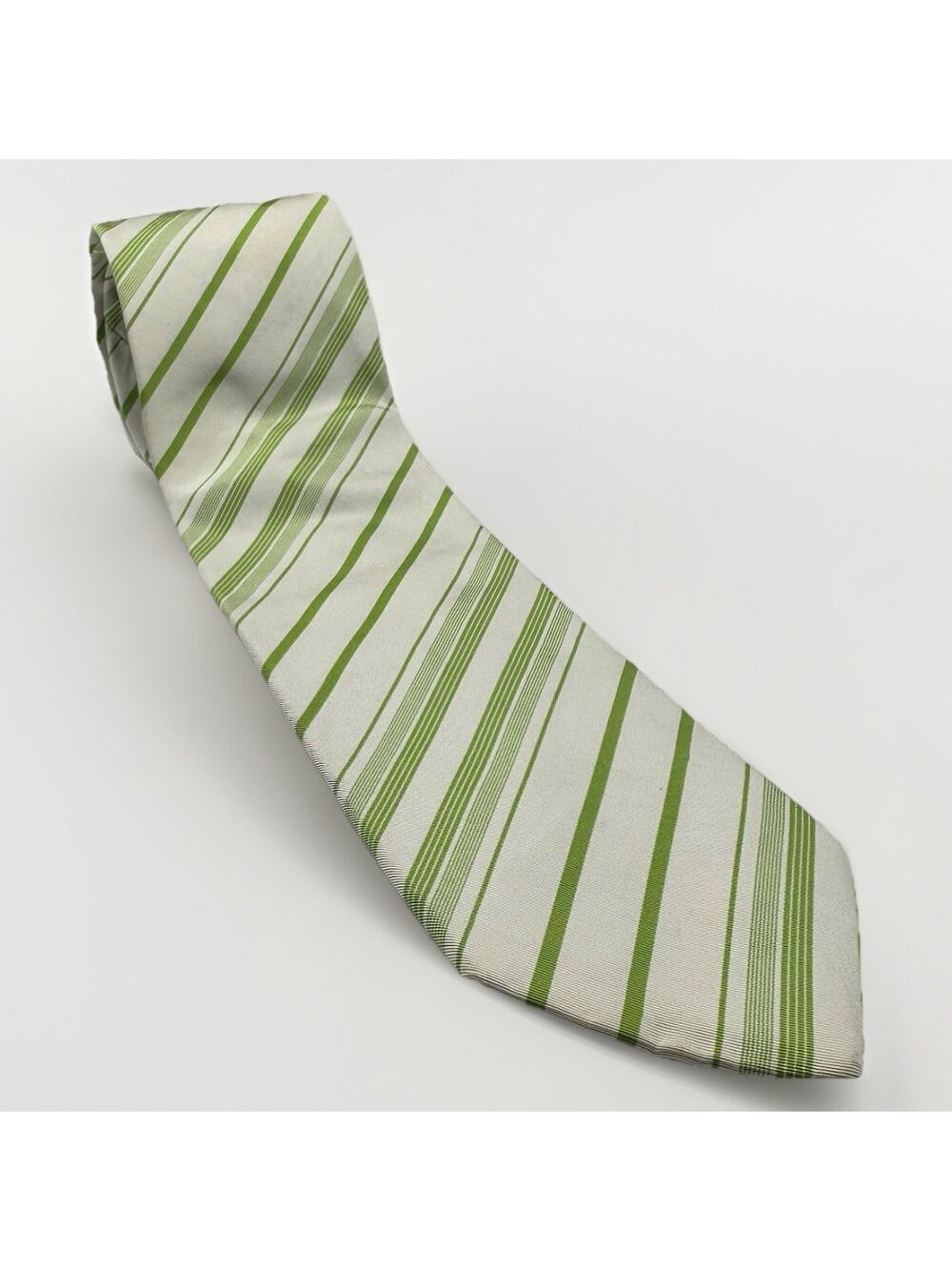 BOSS Hugo Boss Italy Silk Cotton Stripe Tie Green Ivory Diagonal